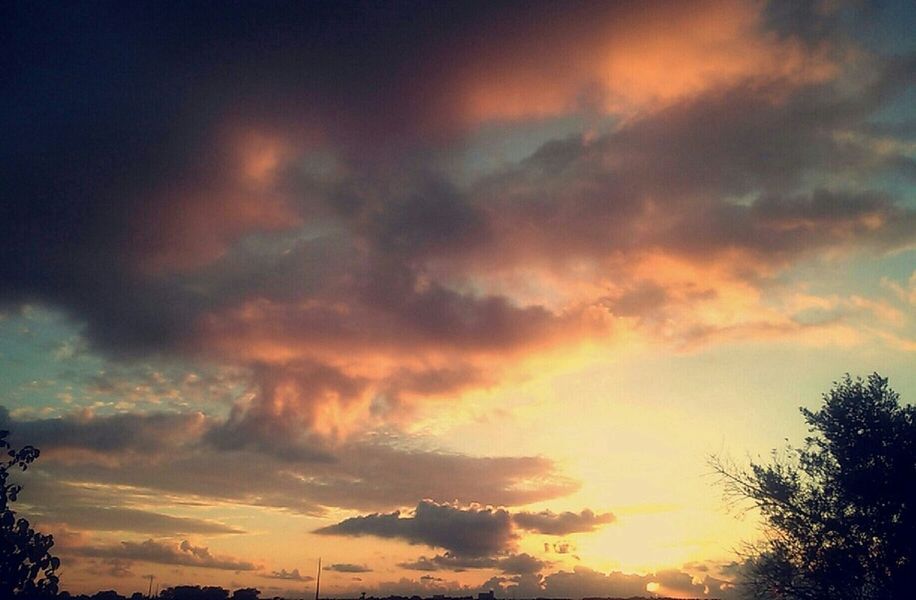 sunset, sky, beauty in nature, scenics, cloud - sky, tranquility, low angle view, silhouette, tranquil scene, tree, nature, orange color, cloudy, dramatic sky, idyllic, cloud, outdoors, weather, moody sky, majestic