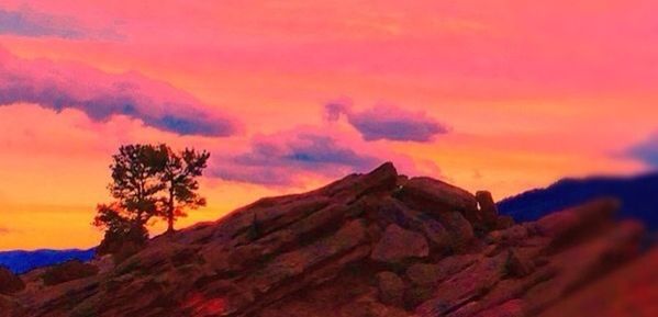 sunset, sky, scenics, tranquil scene, orange color, tranquility, beauty in nature, nature, tree, mountain, cloud - sky, landscape, idyllic, rock formation, rock - object, physical geography, low angle view, non-urban scene, cloud, outdoors