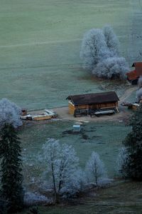 High angle view of boats in lake during winter