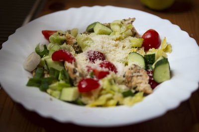 High angle view of salad in plate on table