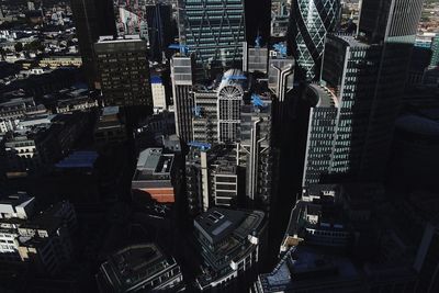 High angle view of modern buildings in city