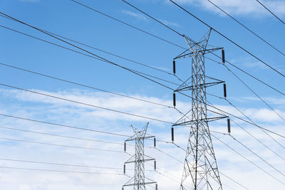 Low angle view of electricity pylon against sky