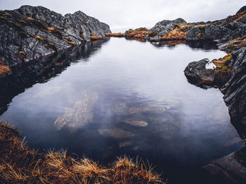 Scenic view of rock formation in lake against sky