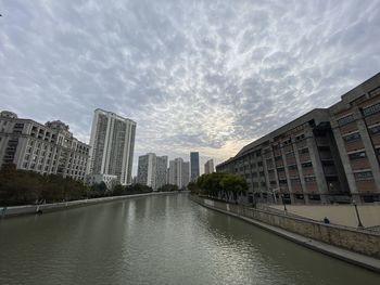 Buildings by river against sky in city