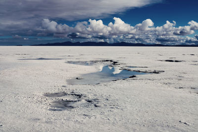 Scenic view of snow covered land against sky