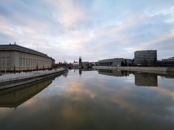 Reflection of buildings in river against sky