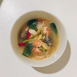 High angle view of soup in bowl on table