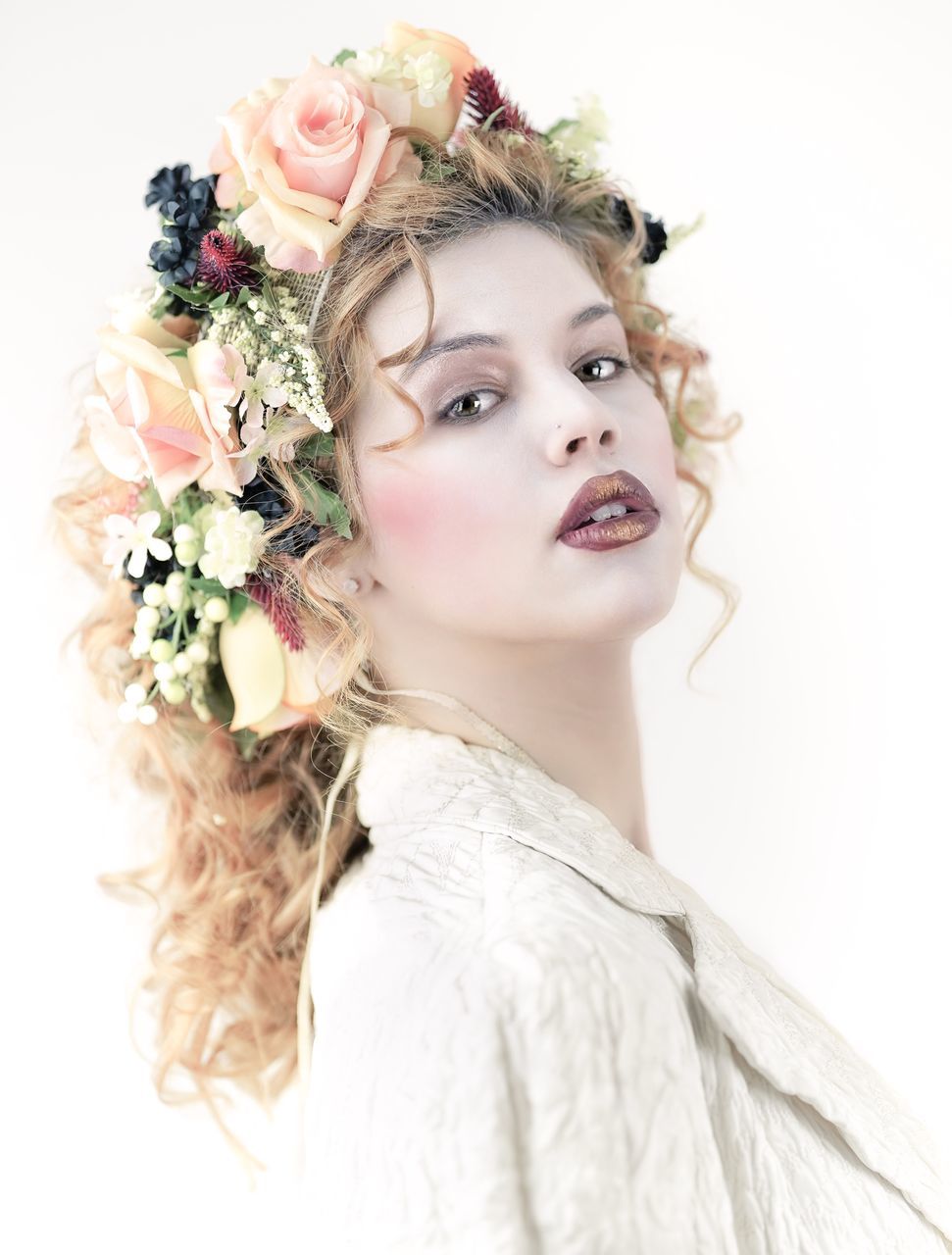 flower, flowering plant, portrait, one person, young adult, looking at camera, studio shot, indoors, white background, women, young women, beautiful woman, rose, rose - flower, headshot, plant, beauty, beauty in nature, hair, hairstyle, fashion, flower arrangement, flower head, bouquet