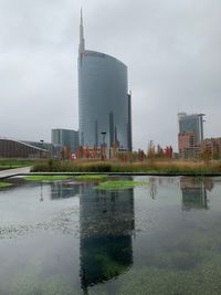 Reflection of buildings in lake against sky