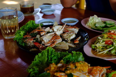 High angle view of food served on table