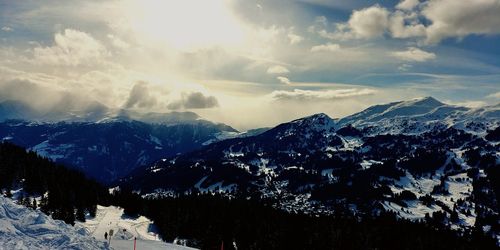 Scenic view of snow covered mountains against sky