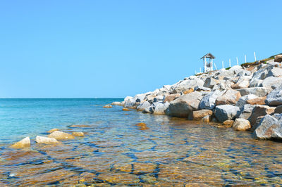 Scenic view of sea against clear blue sky