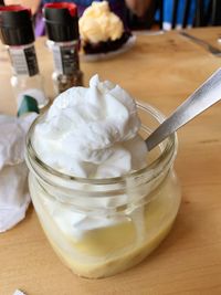 Close-up of ice cream on table