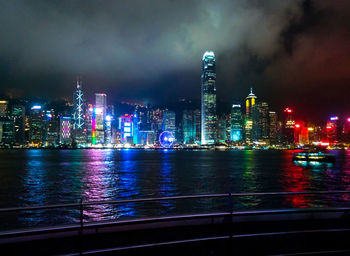 River in front of illuminated city against sky at dusk