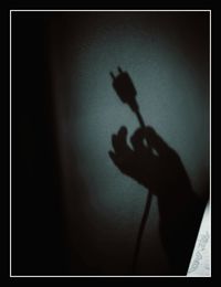 Shadow of person hand holding text on wall