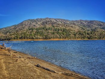 Scenic view of man shore fishing on lake against mountains.