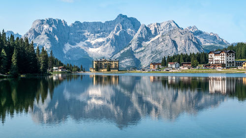 Scenic view of lake by mountains against sky