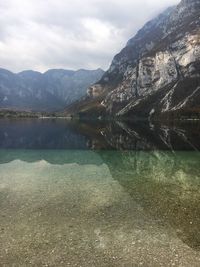 Scenic view of lake by mountains against sky