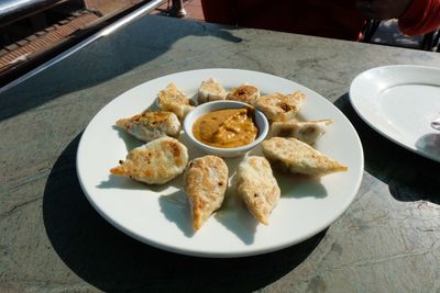 High angle view of meal served on table