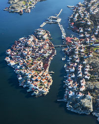 Aerial view of buildings at sea