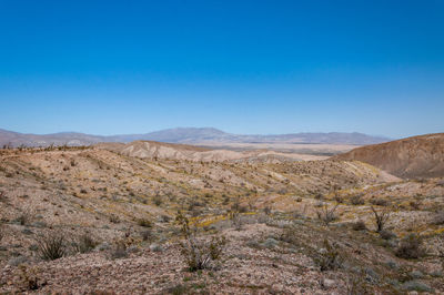 Scenic view of arid landscape against clear blue sky