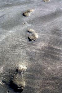 High angle view of footprints on sand at beach