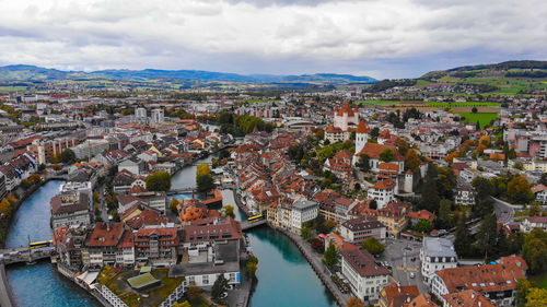 High angle shot of townscape against sky