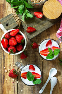 High angle view of strawberries in bowl on table