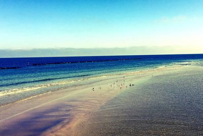 Scenic view of beach against clear blue sky