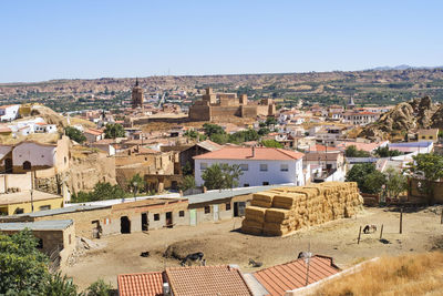 High angle view of townscape against clear sky