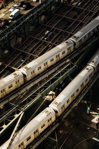 High angle view of trains at railway bridge