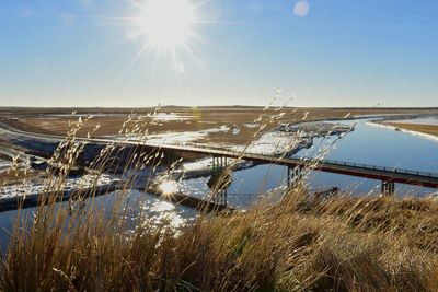 Scenic view of bright sun over land