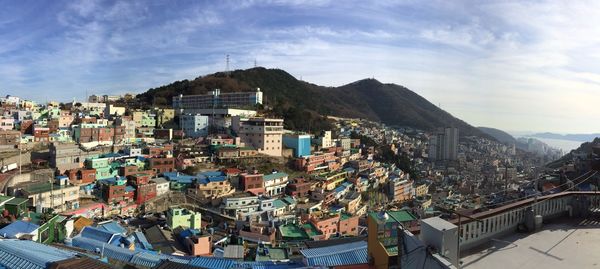 High angle view of town against sky