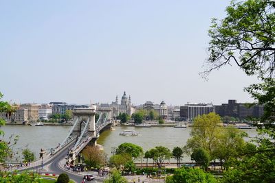 Bridge over river against clear sky