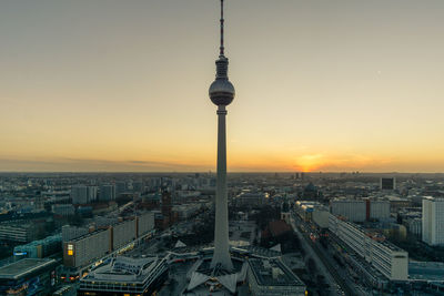 High angle view of communications tower in city