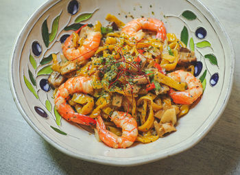 High angle view of food in plate on table