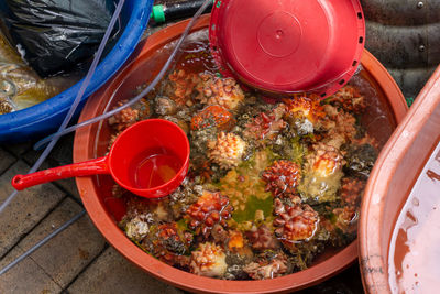 High angle view of meat in cooking pan