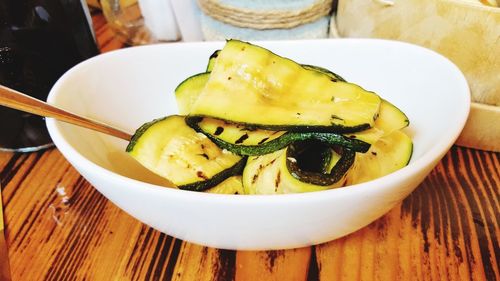 Close-up of soup in bowl on table