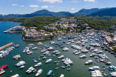 High angle view of boats moored in bay