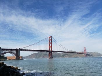 View of suspension bridge over sea