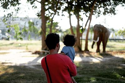 Rear view of man with baby looking at elephant on field