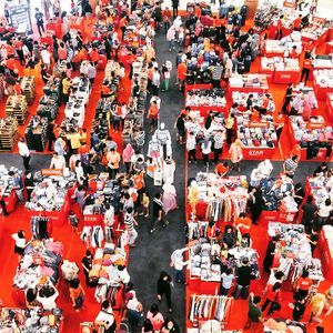 High angle view of people in clothing store