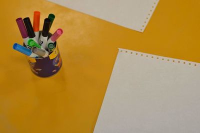 High angle view of multi colored pencils on table