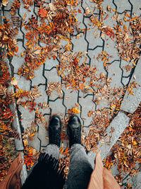 Low section of person standing on autumn leaves