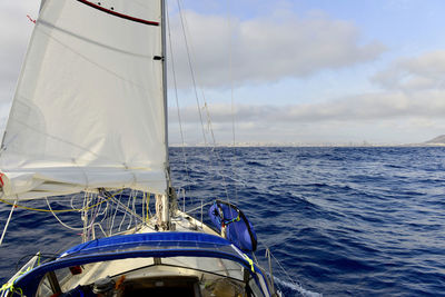 Sailboat sailing in sea against sky