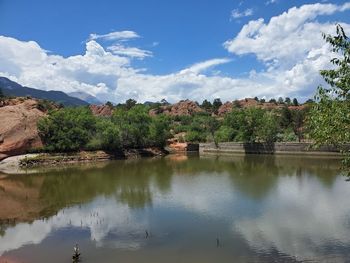 Scenic view of lake by trees against sky