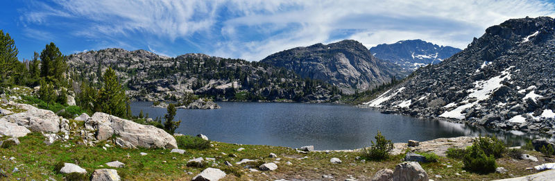 Panoramic view of lake and mountains against sky