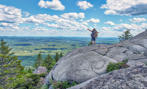 Rear view of man standing on rock against landscape