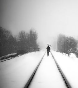 Rear view of person on snow against sky