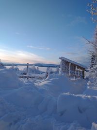 Snow covered field against sky